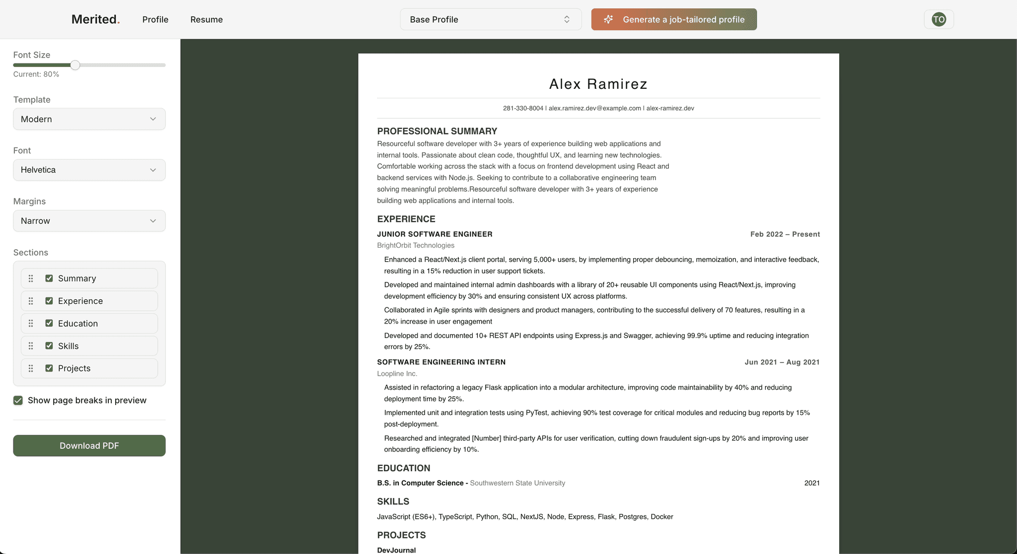 Immersive resume editor - hide sections, apply themes, and customize the font and layout as you see fit.